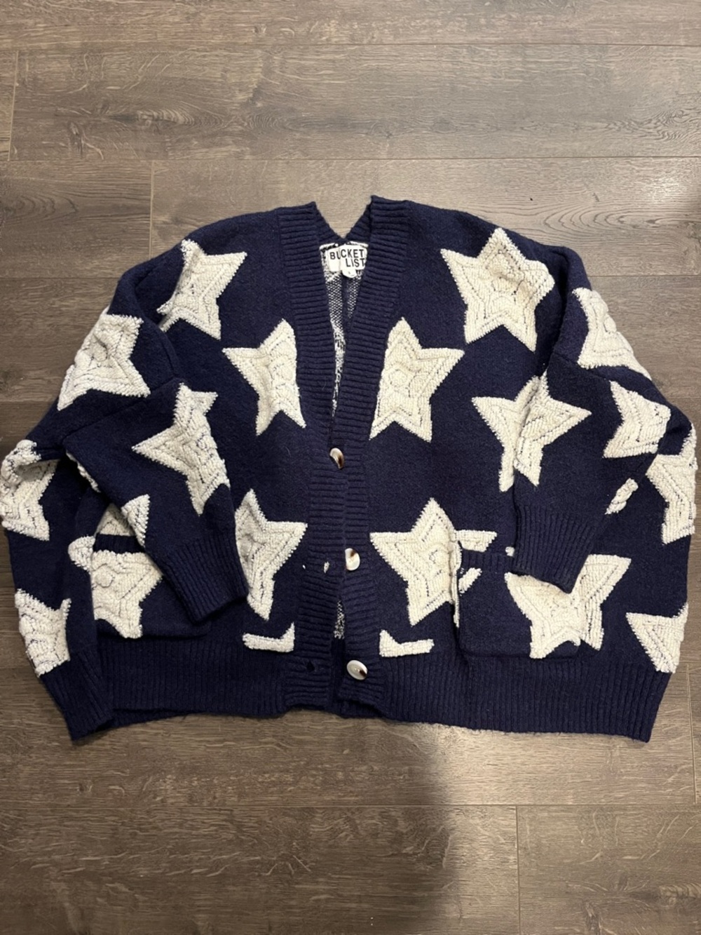 Bucket List Navy Cardigan with Cream Star Pattern